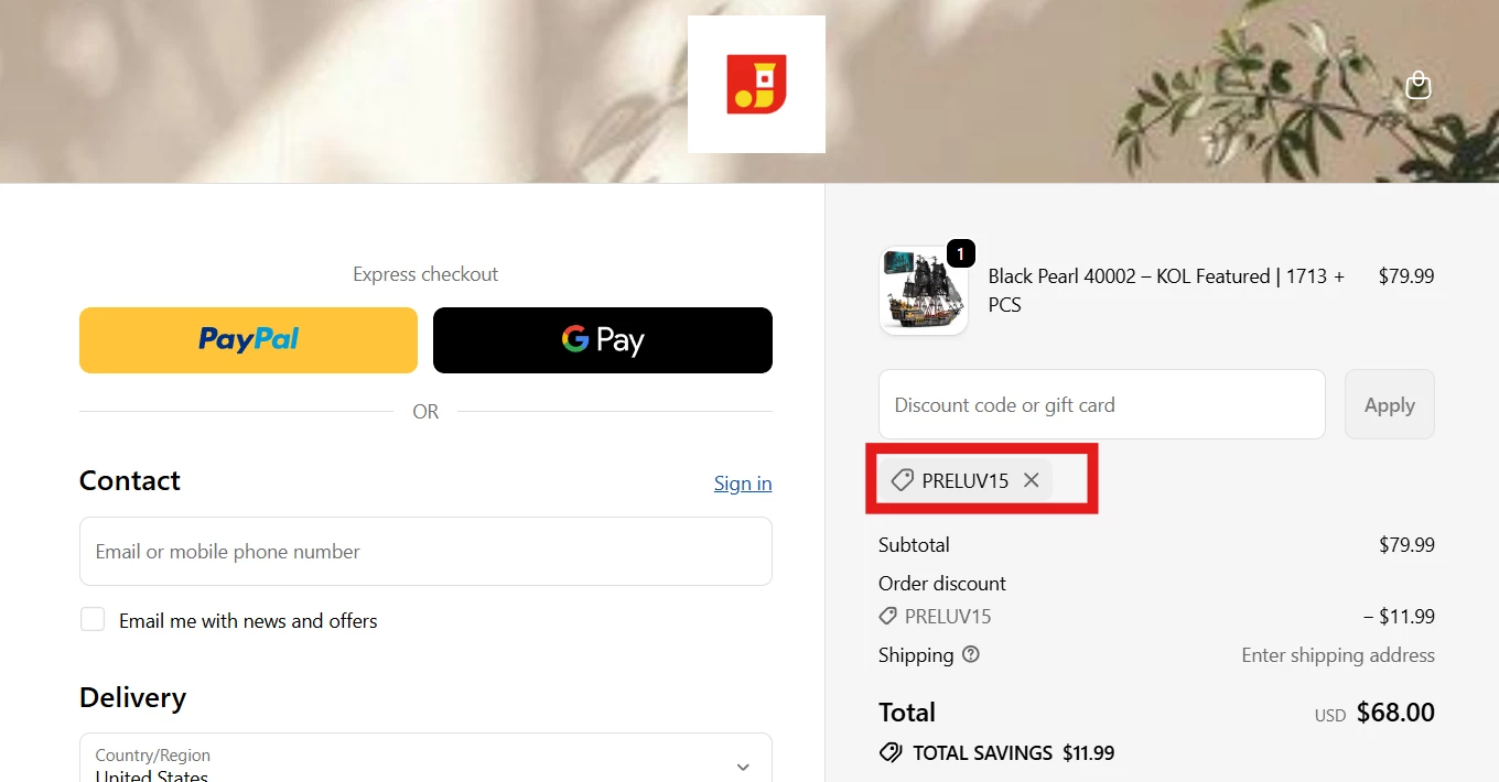 JMBricklayer verified Coupon code PRELUV15